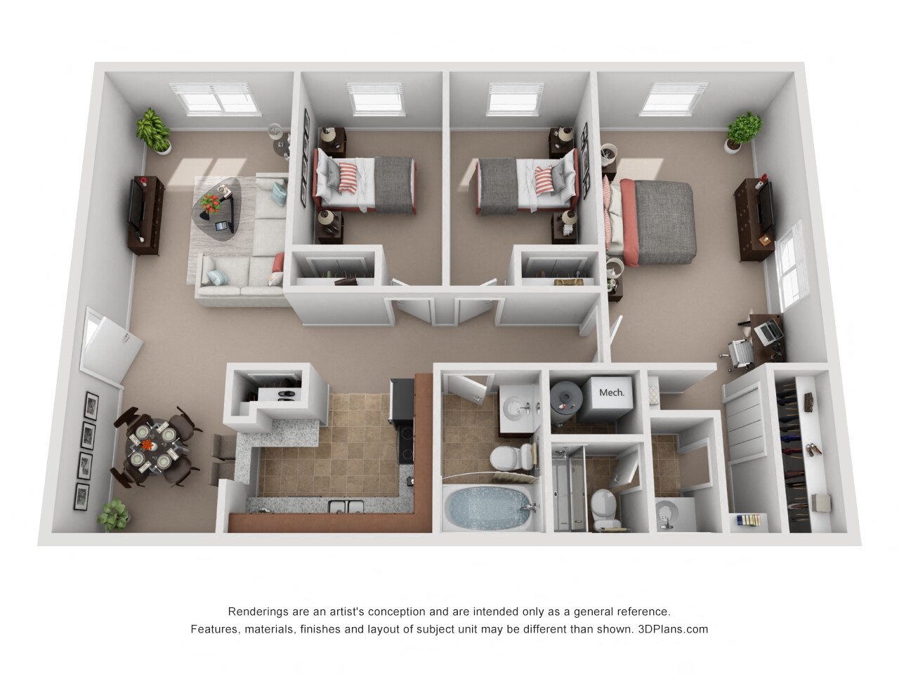 Floor plan for 3 beds, 2 baths, 1080 sqft